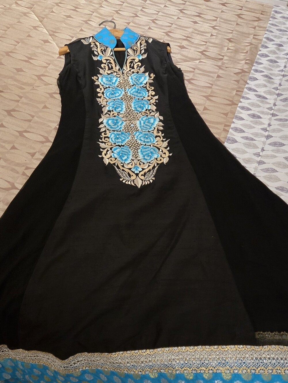 Black Sleeveless Dress with Blue Floral Embroidery